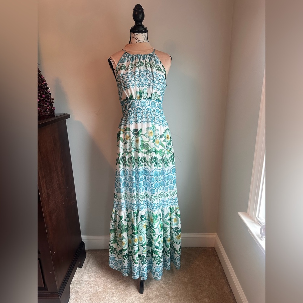 Eliza J Blue, Green, White, Yellow Floral Flowy Halter Maxi Dress - Size 4P